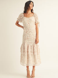 JUST ME WOMEN'S SHORT SLEEVE RUCHED FLORAL TIERED MAXI DRESS