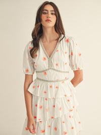 JUST ME WOMEN'S SHORT SLEEVE RUFFLE TIERED STITCHED FLORAL MAXI DRESS