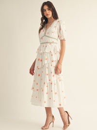 JUST ME WOMEN'S SHORT SLEEVE RUFFLE TIERED STITCHED FLORAL MAXI DRESS