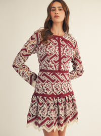 JUST ME WOMEN'S LONG SLEEVE FLORAL CROCHET MINI DRESS