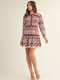 JUST ME WOMEN'S LONG SLEEVE FLORAL CROCHET MINI DRESS