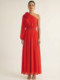JUST ME WOMEN'S ONE SHOULDER ELASTIC WAIST FLOWER MAXI DRESS