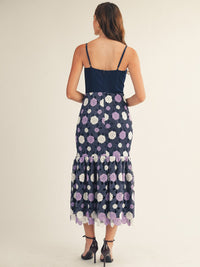 JUST ME WOMEN'S SLEEVELESS V-NECK TIERED FLORAL CROCHET MAXI DRESS