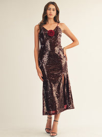 JUST ME WOMEN'S SLEEVELESS V-NECK FLOWER PIN SIDE SLIT BODYCON SEQUINS MAXI DRESS