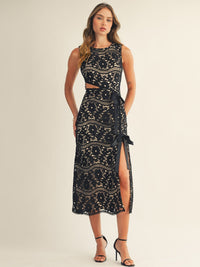 JUST ME WOMEN'S SLEEVELESS SIDE CUT OUT FRONT SLIT CROCHET MAXI DRESS