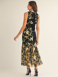 JUST ME WOMEN'S SLEEVELESS V-NECK OPEN BACK BODYCON FLORAL CROCHET MAXI DRESS