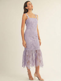 JUST ME WOMEN'S SLEEVELESS SQUARE NECK BODYCON CROCHET FLORAL MAXI DRESS