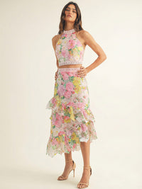 JUST ME WOMEN'S HALTER NECK TOP & ZIP UP HIGH LOW MAXI SKIRT FLORAL CROCHET 2PC. SET