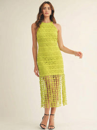 JUST ME WOMEN'S SLEEVELESS HALTER NECK FRINGE BOTTOM HEM CROCHET MIDI DRESS