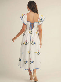 JUST ME WOMEN'S RUFFLE SLEEVE SQUARE NECK EMBROIDERY FLORAL MAXI DRESS