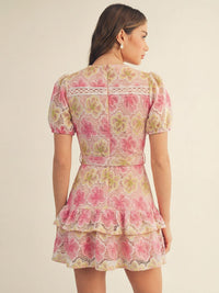 JUST ME WOMEN'S SHORT SLEEVE SURPLICE BELTED RUFFLE FLORAL MINI DRESS
