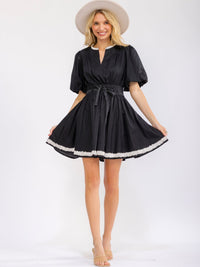 WOMEN'S SHORT PUFF SLEEVE V-NECK SMOCK WAIST POCKETS FIT & FLARE MINI DRESS