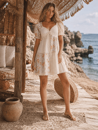 WOMEN'S SHORT PUFF SLEEVE V-NECK FLORAL EYELET CONTRAST TIERED MINI DRESS