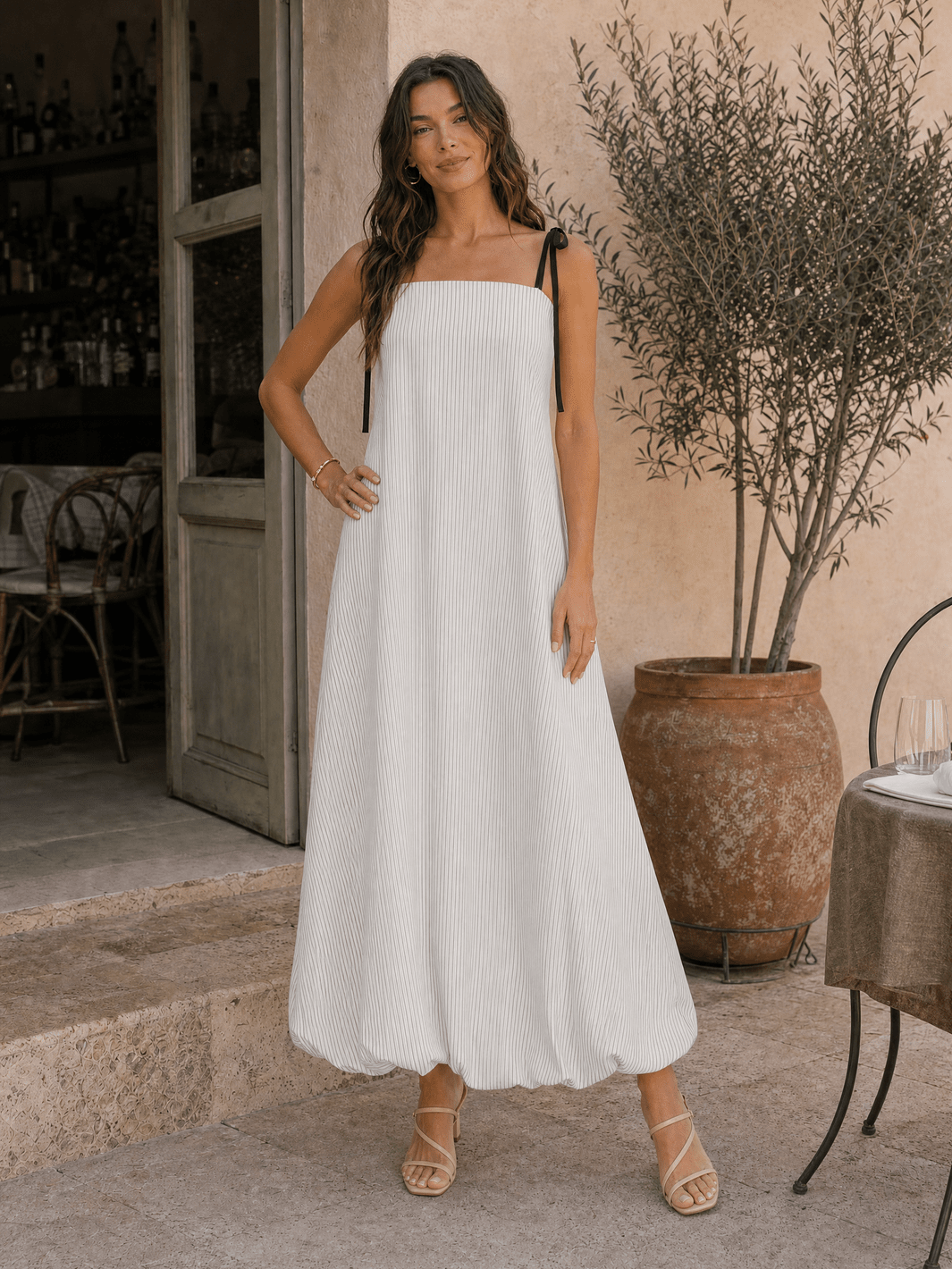 front open maxi dress WOMEN'S SLEEVELESS SQUARE NECK POCKETS BACK STRIPES As long as I Women's White/blue floral Long Size:36 - Made-to-Order SEMI FORMAL DANCE
