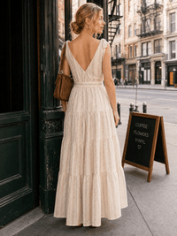 WOMEN'S SLEEVELESS V-NECK SELF TIE FRONT POCKETS TIERED FLORAL MAXI DRESS
