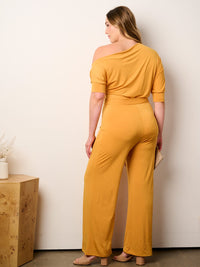 WOMEN'S SHORT SLEEVE OFF SHOULDER SELF TIE WIDE LEG JUMPSUIT