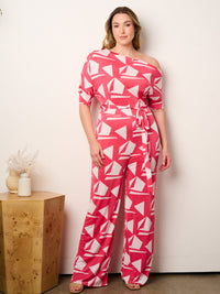 PLUS SIZE OFF SHOULDER SHORT SLEEVE SELF TIE MULTI PRINT WIDE LEG JUMPSUIT