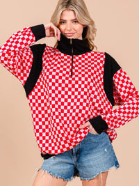WOMEN'S LONG SLEEVE TURTLE NECK ZIP UP POCKETS CHECKER CONTRAST PULLOVER SWEATER