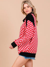 WOMEN'S LONG SLEEVE TURTLE NECK ZIP UP POCKETS CHECKER CONTRAST PULLOVER SWEATER
