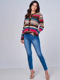 WOMEN'S LONG SLEEVE BUTTON CLOSURE MULTI COLOR STRIPES SWEATER