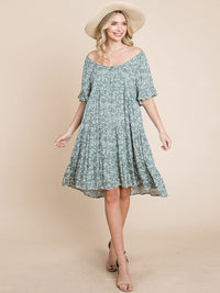 WOMEN'S SHORT SLEEVE FRONT POCKETS FLORAL TUNIC MINI DRESS