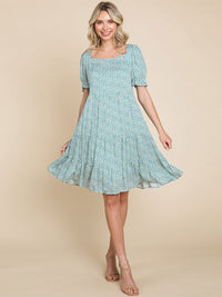 WOMEN'S SHORT SLEEVE SQUARE NECK FLORAL TUNIC MINI DRESS