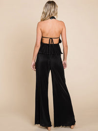 WOMEN'S SLEEVELESS HALTER NECK TOP & ELASTIC WAIST WIDE LEG PANTS PLEATED 2PC. SET