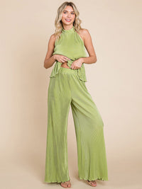 WOMEN'S SLEEVELESS HALTER NECK TOP & ELASTIC WAIST WIDE LEG PANTS PLEATED 2PC. SET