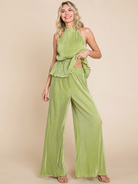 WOMEN'S SLEEVELESS HALTER NECK TOP & ELASTIC WAIST WIDE LEG PANTS PLEATED 2PC. SET