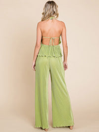 WOMEN'S SLEEVELESS HALTER NECK TOP & ELASTIC WAIST WIDE LEG PANTS PLEATED 2PC. SET