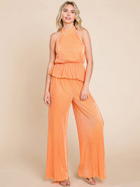 WOMEN'S SLEEVELESS HALTER NECK TOP & ELASTIC WAIST WIDE LEG PANTS PLEATED 2PC. SET