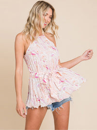 WOMEN'S SLEEVELESS PLEATED SELF TIE MULTI PRINT TANK TOP