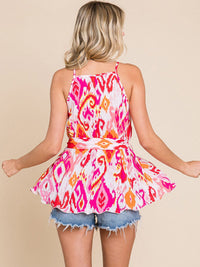WOMEN'S SLEEVELESS PLEATED SELF TIE MULTI PRINT TANK TOP