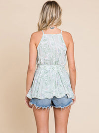 WOMEN'S SLEEVELESS PLEATED SELF TIE MULTI PRINT TANK TOP