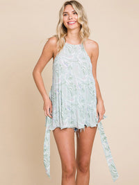 WOMEN'S SLEEVELESS PLEATED SELF TIE MULTI PRINT TANK TOP