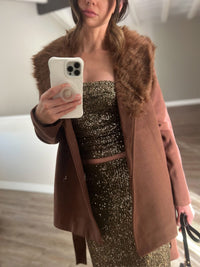 WOMEN'S LONG SLEEVE OPEN FRONT REMOVABLE FUR COLLAR SELF TIE COAT