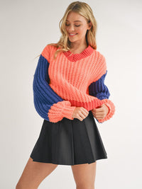 WOMEN'S LONG SLEEVE V-NECK COLORBLOCK PULLOVER SWEATER