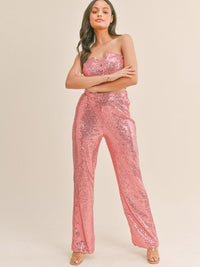 WOMEN'S SLEEVELESS CROP TOP & ELASTIC WAIST PANTS SEQUINS 2PC SET