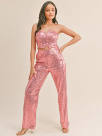 WOMEN'S SLEEVELESS CROP TOP & ELASTIC WAIST PANTS SEQUINS 2PC SET