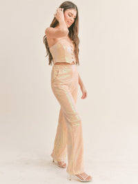 WOMEN'S SLEEVELESS CROP TOP & ELASTIC WAIST PANTS SEQUINS 2PC SET