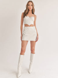 WOMEN'S SLEEVELESS CROP TOP & ZIP UP MINI SKIRT SEQUINS PU PLEATHER DETAILED 2PC SET