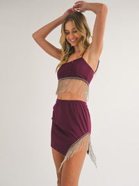 WOMEN'S SLEEVELESS CROP TOP & MINI SKIRT STUDS FRINGE DETAILED 2PC SET