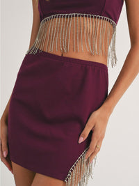 WOMEN'S SLEEVELESS CROP TOP & MINI SKIRT STUDS FRINGE DETAILED 2PC SET