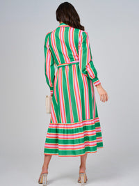 WOMEN'S LONG SLEEVE BUTTON UP FRONT POCKETS COLORBLOCK STRIPES MAXI DRESS