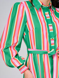 WOMEN'S LONG SLEEVE BUTTON UP FRONT POCKETS COLORBLOCK STRIPES MAXI DRESS