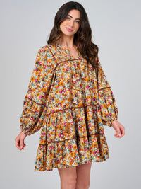 WOMEN'S LONG SLEEVE V-NECK FLORAL SMOCK TIERED MINI DRESS