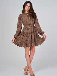 WOMEN'S LONG SLEEVE ELASTIC WAIST V-NECK FLORAL TIERED MINI DRESS