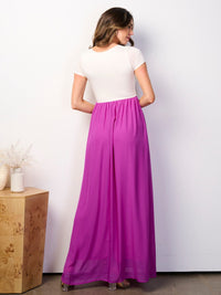 WOMEN'S SHORT SLEEVE ELASTIC WAIST COLORBLOCK MAXI DRESS