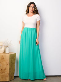 WOMEN'S SHORT SLEEVE ELASTIC WAIST COLORBLOCK MAXI DRESS