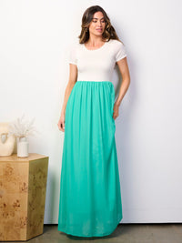 WOMEN'S SHORT SLEEVE ELASTIC WAIST COLORBLOCK MAXI DRESS